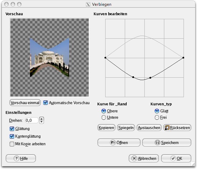 Eigenschaften für das Filter Verbiegen
